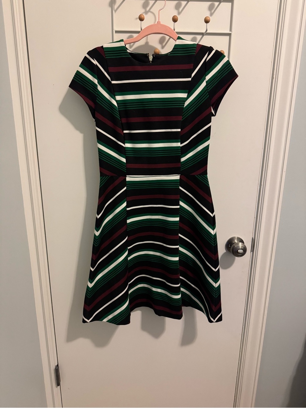 Striped Fit-and-Flare Dress in Green, Black, White & Burgundy